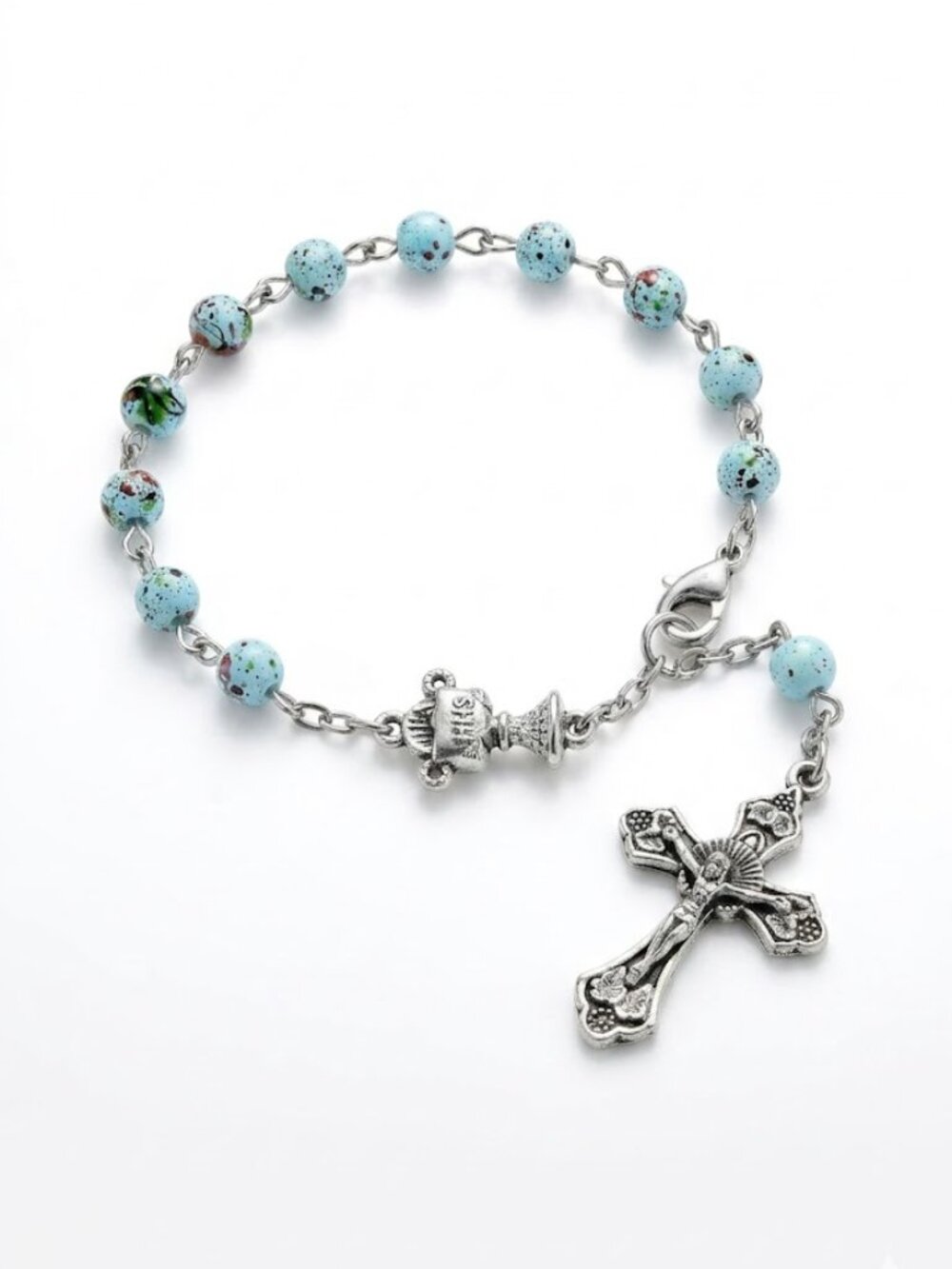 Catholic Rosary Bracelet Blue Speckled Beads Silver Tone Crucifix Prayer Jewelry